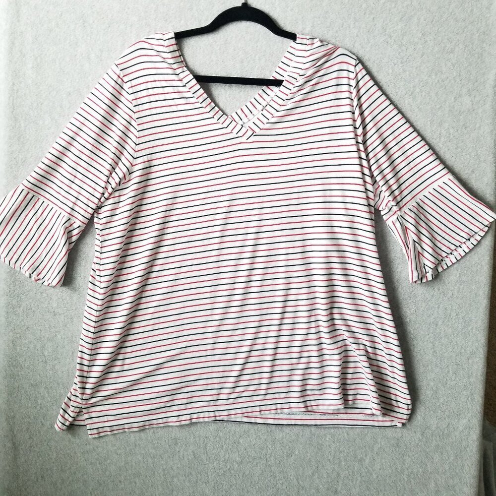 J Jill Size XL Striped VNeck Stretch Tunic Top Pullover 3/4 Bell Sleeve Comfy